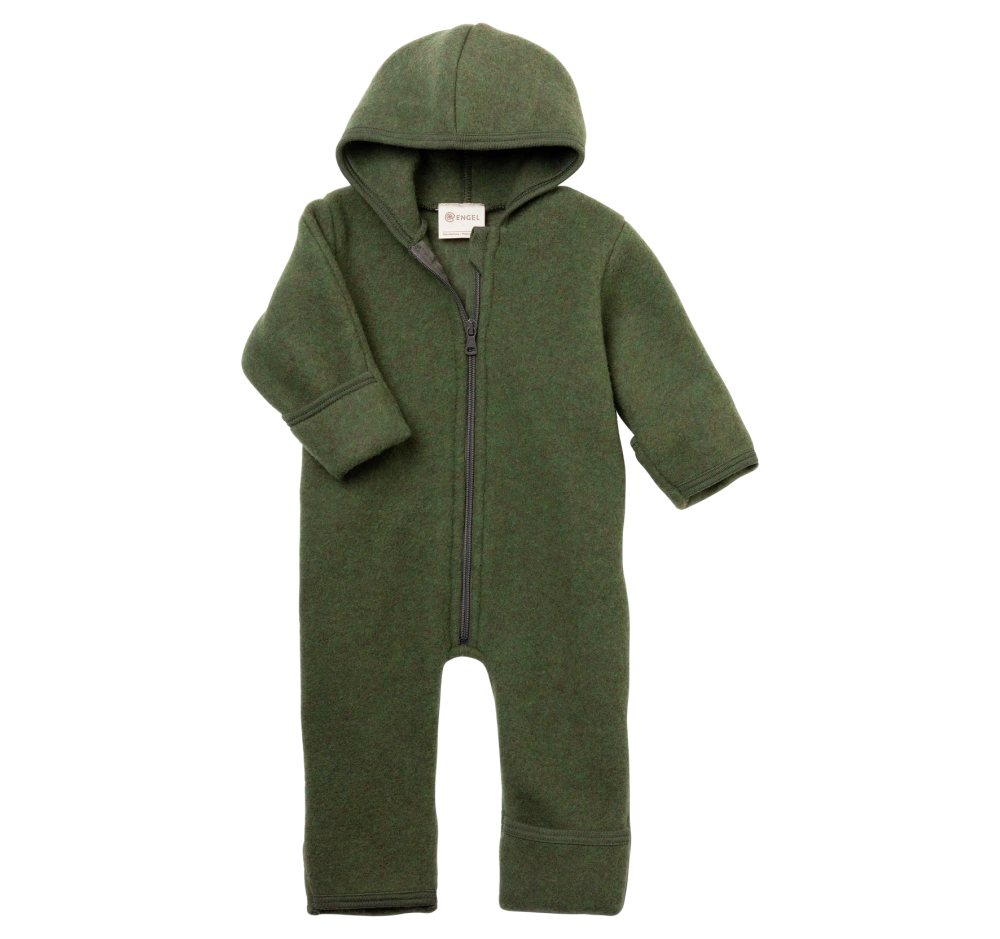 Overal s kapucí na zip - merino fleece, zelený