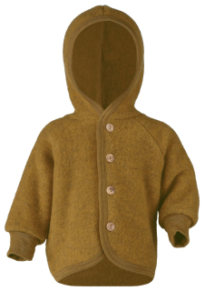 Bunda s kapucí a dřevěnými knoflíčky- merino fleece, šafránová