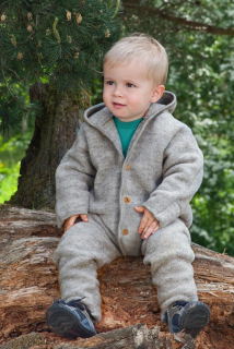 Overal s kapucí a dřevěnými knoflíčky - merino fleece, šedá